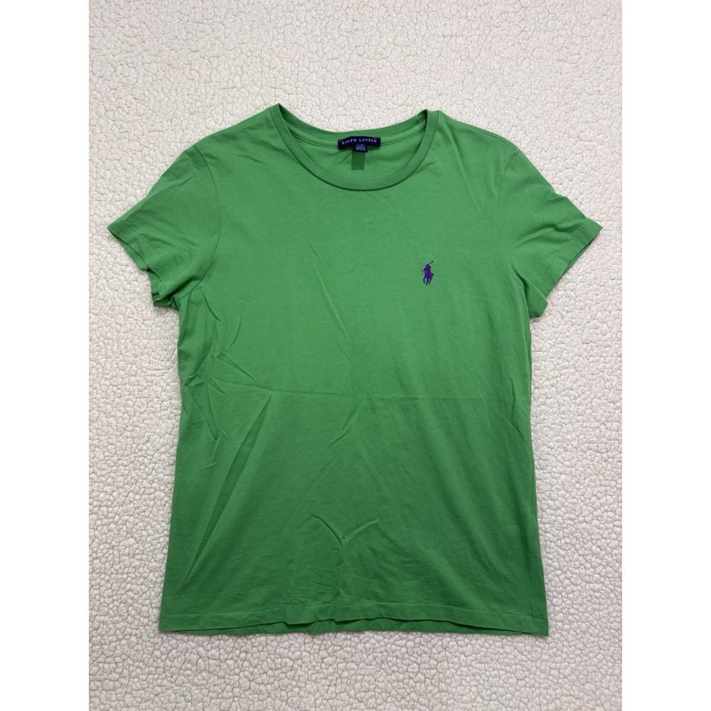 Ralph Lauren Womens L Kelly Green Baby Tee Short Sleeve Cotton Shirt Purple Pony